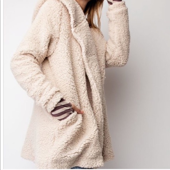 OVERSIZED faux fur lining jacket OATMEAL- hoodie - Picture 2 of 6